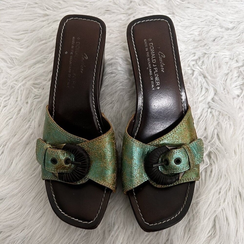 Donald J Pliner Wooden Chunky Wedge Summer Buckle Sandals Green Distressed Sz‎ 8